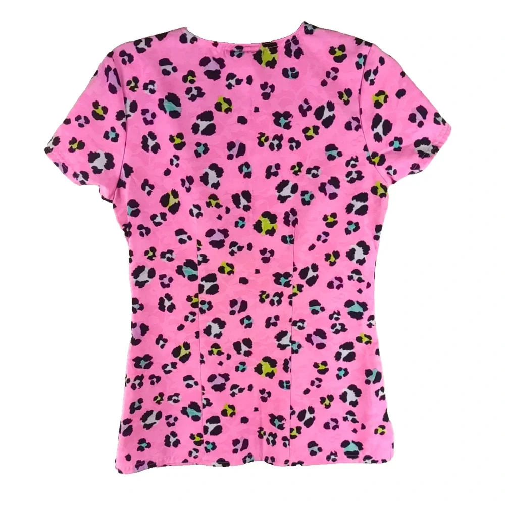 Heart Soul Women's Scrub Top Size X Small Pink Black White Leopard Print - Picture 4 of 4